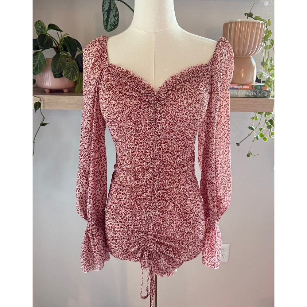 O. Vianca Red Floral Ruched Shirred Mini Dress Puff Long Sleeve Small NEW